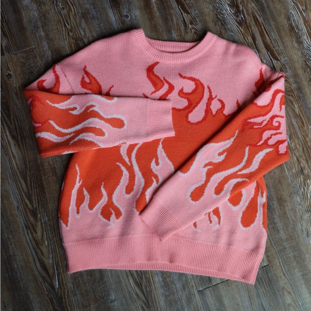 Aqua Blues Colorful Flame Graphic Soft Knit Pullover Sweater Pink Orange Small
